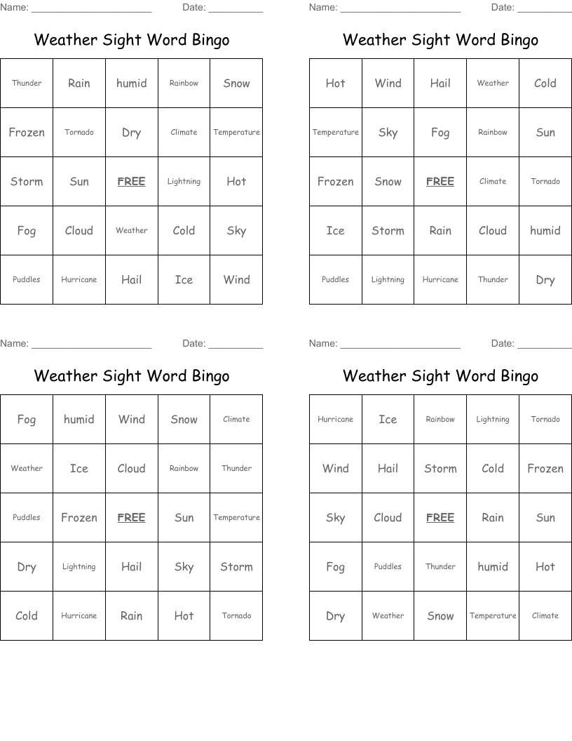 Weather Sight Word Bingo