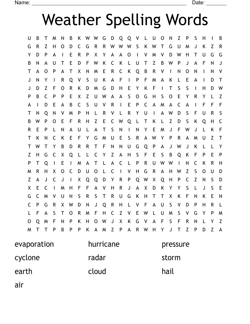 Weather Spelling Words Word Search