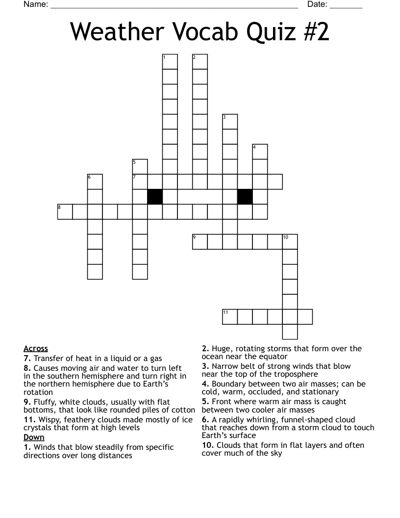 Weather Vocab Quiz #2 Crossword