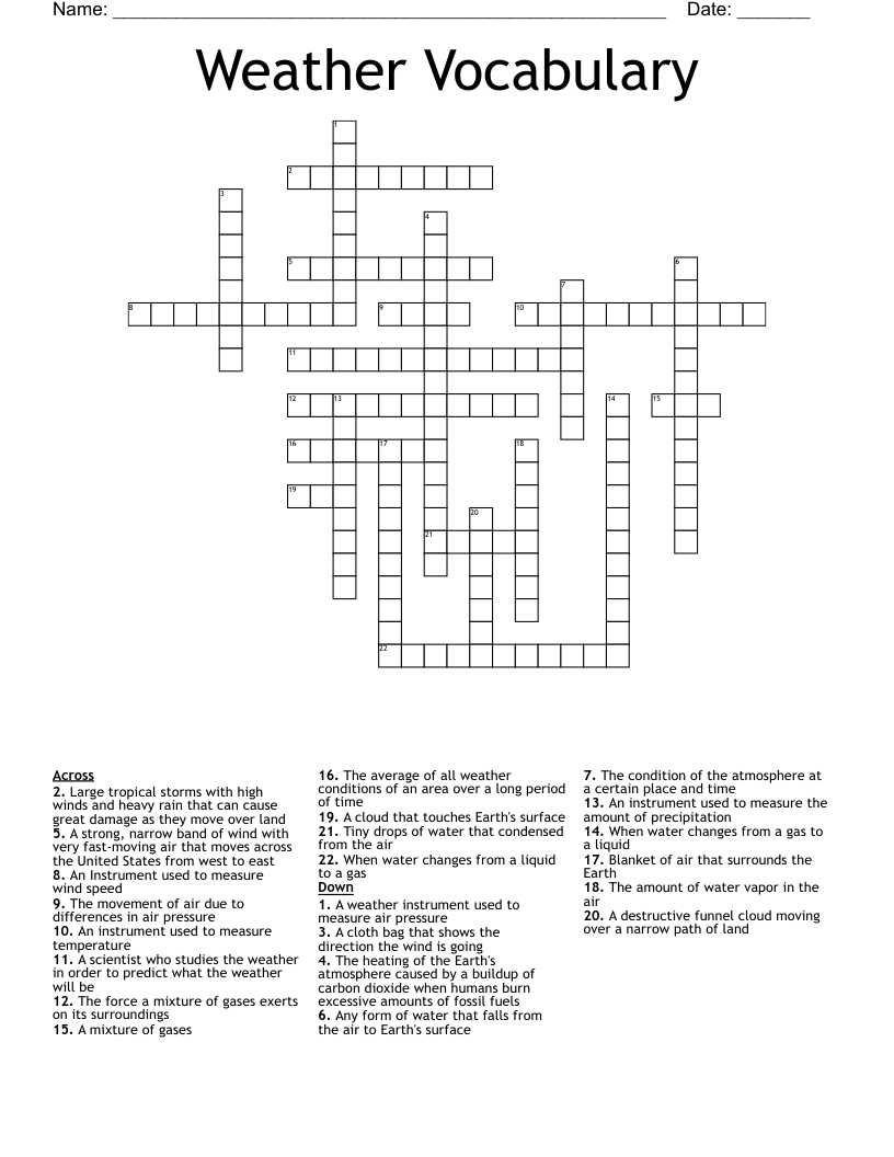 Weather Vocabulary Crossword