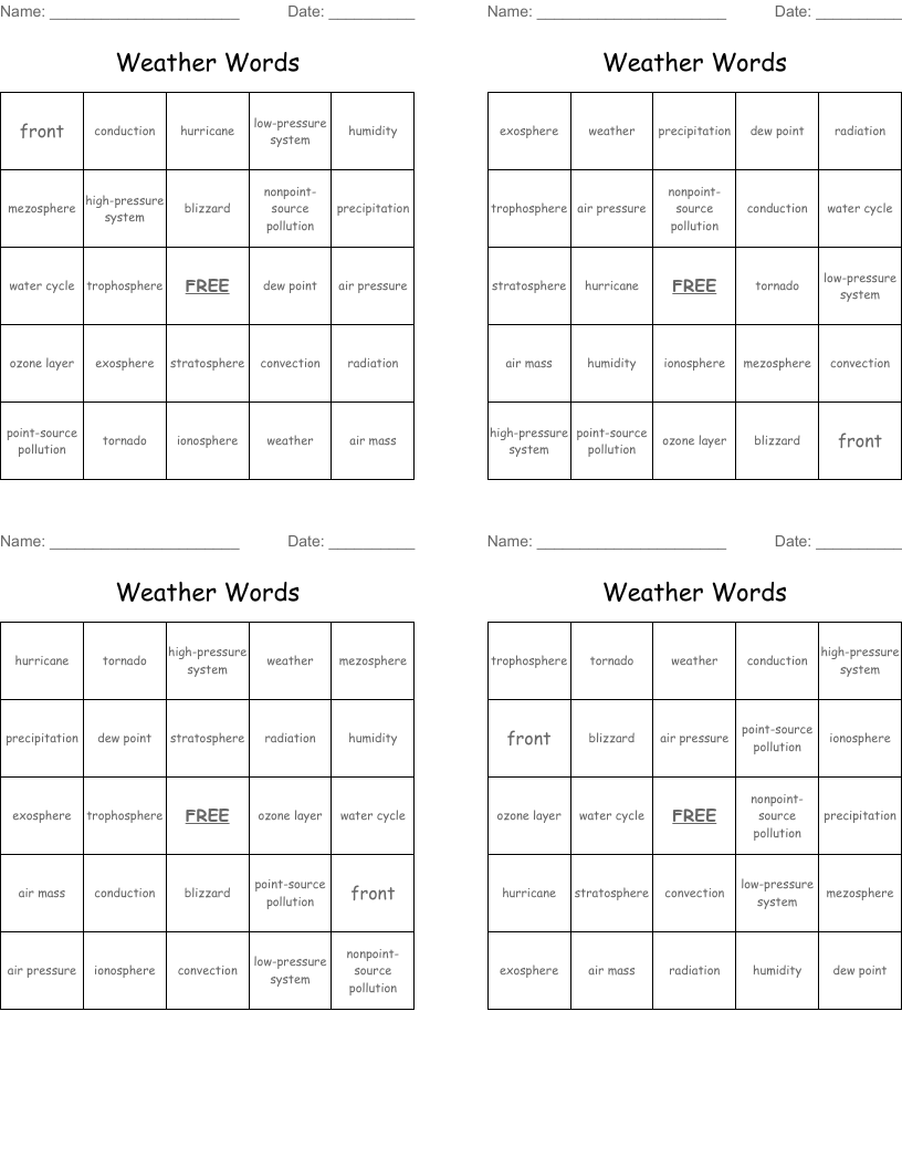 Weather Words Bingo Cards