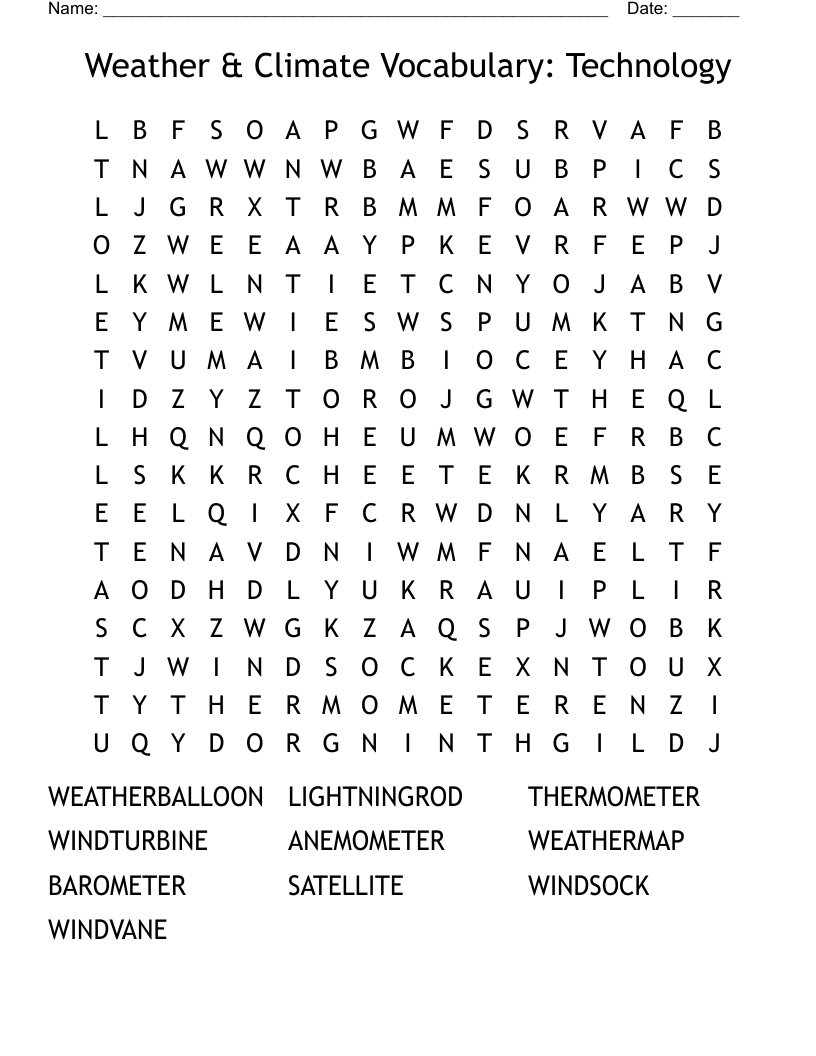 Weather & Climate Vocabulary: Technology Word Search