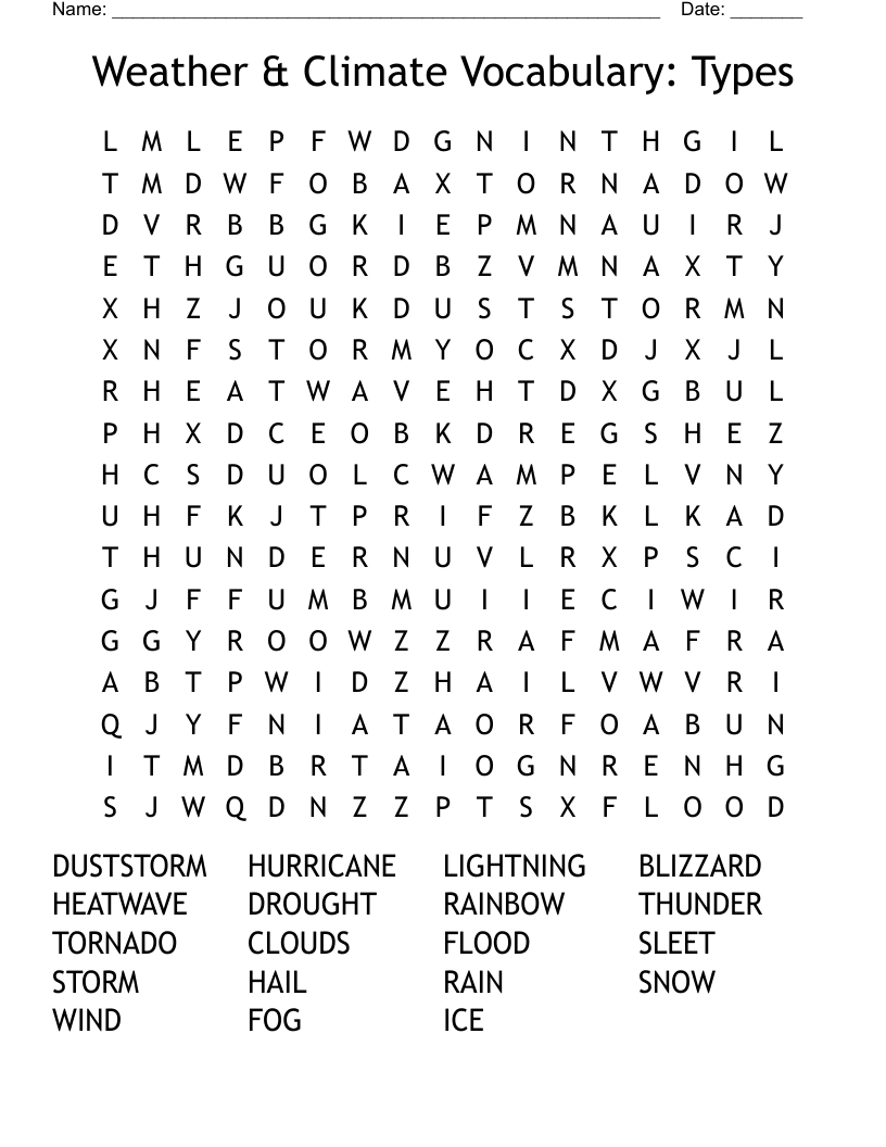 Weather & Climate Vocabulary: Types Word Search