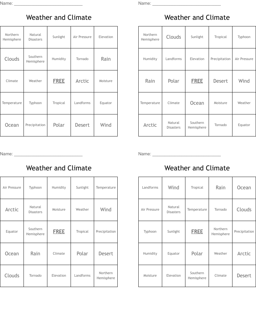 Weather and Climate Bingo Cards