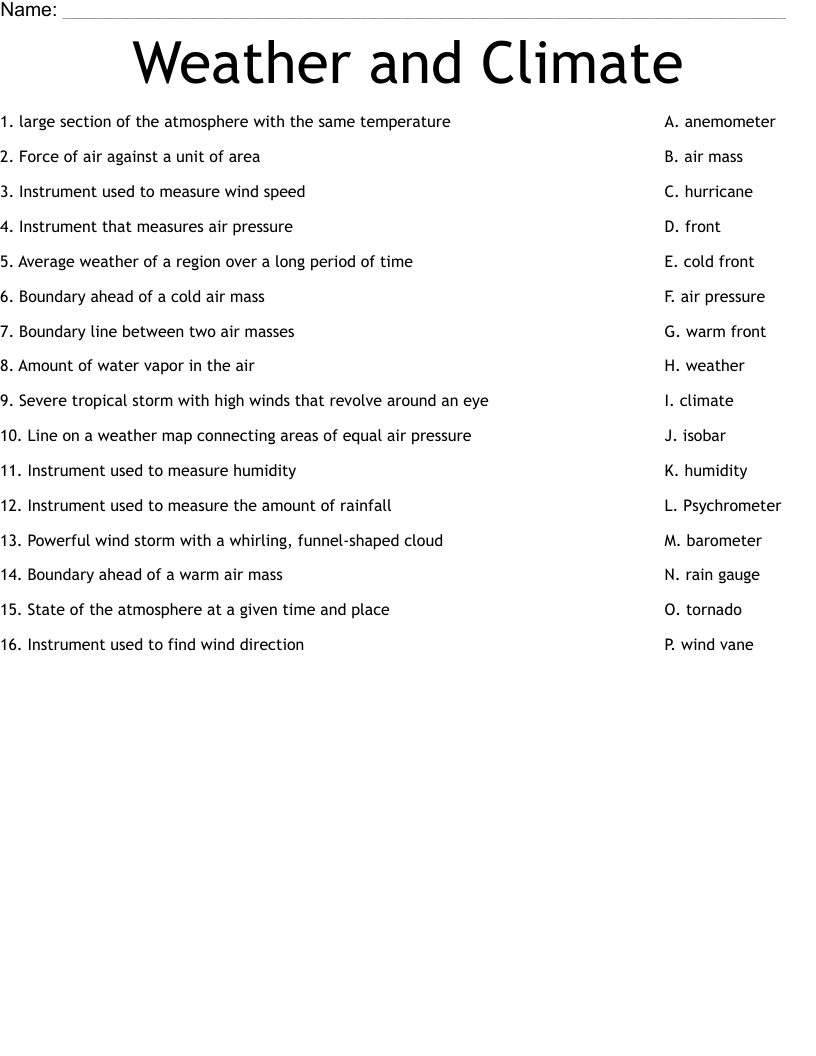 Weather and Climate Worksheet
