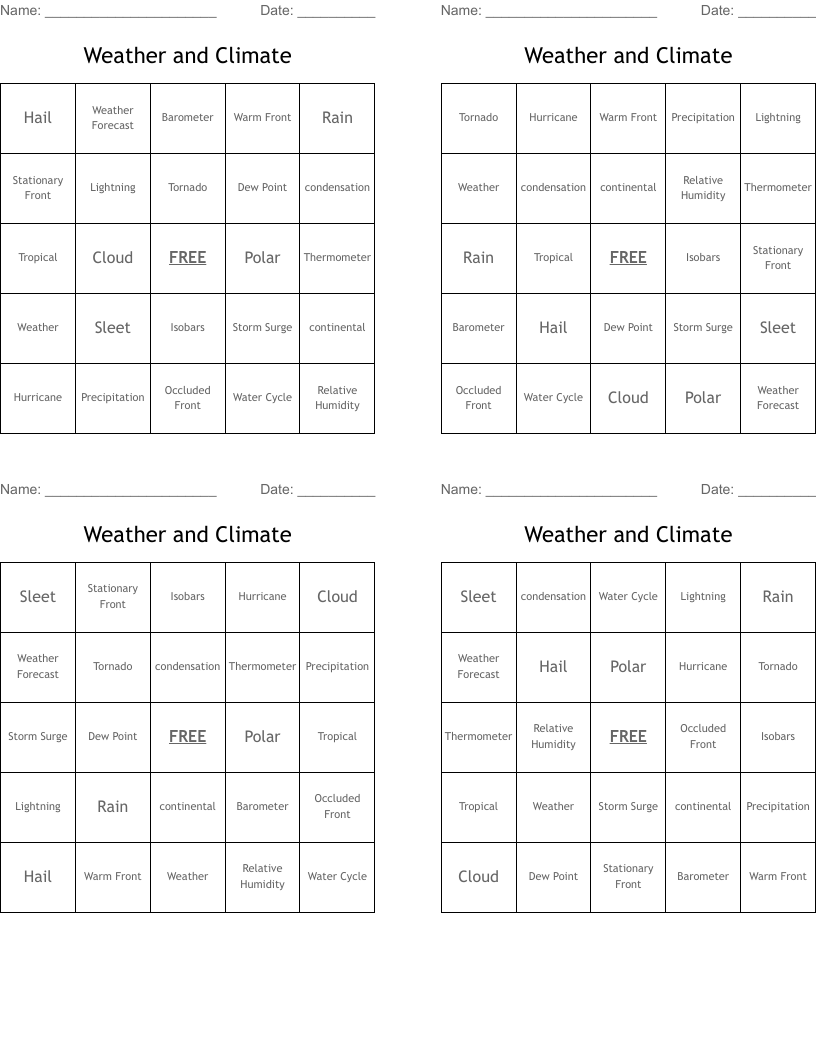 Weather and Climate Bingo Cards