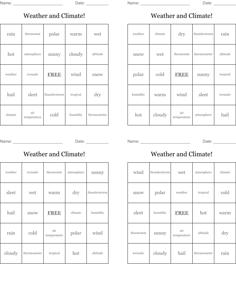 Weather and Climate! Bingo Cards