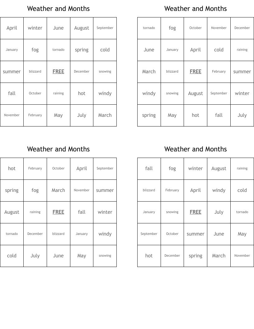 Weather and Months Bingo Cards