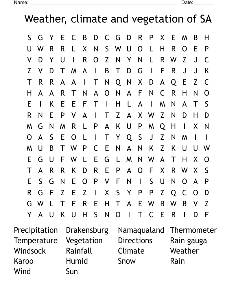 Weather, climate and vegetation of SA Word Search