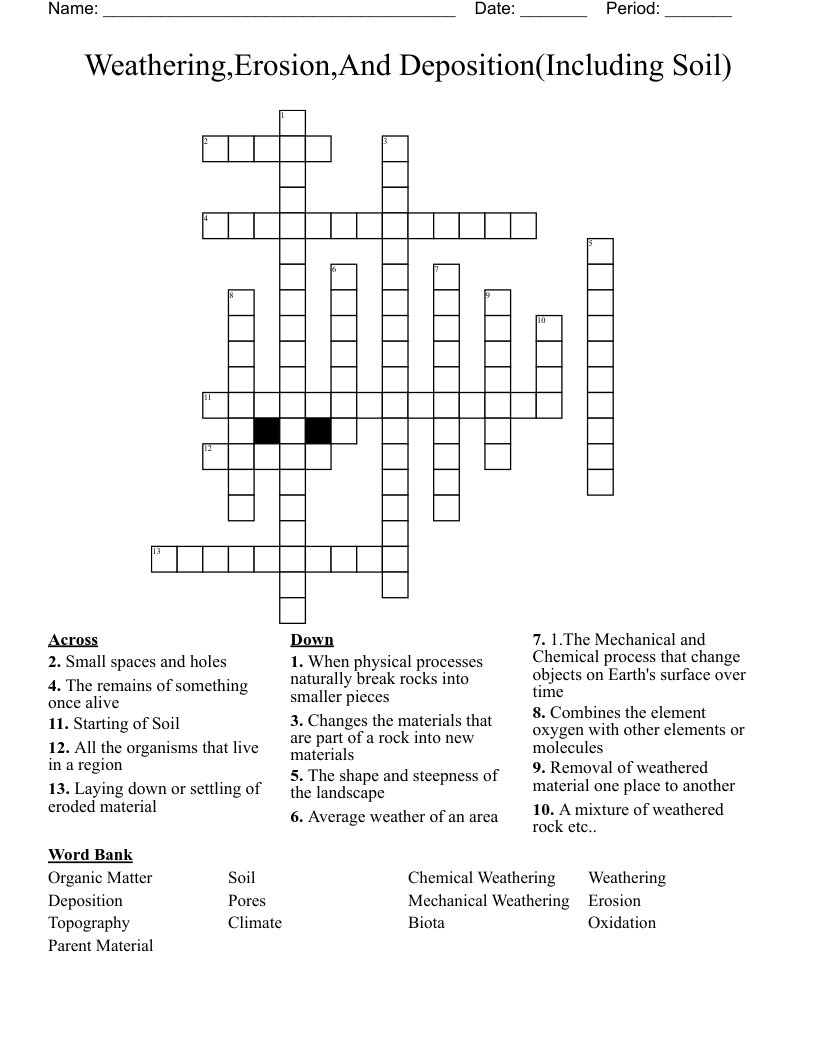 Weathering,Erosion,And Deposition(Including Soil) Crossword