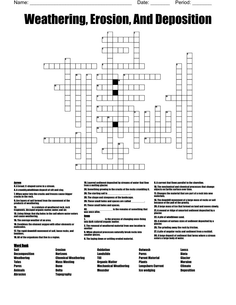 Weathering, Erosion, And Deposition Crossword