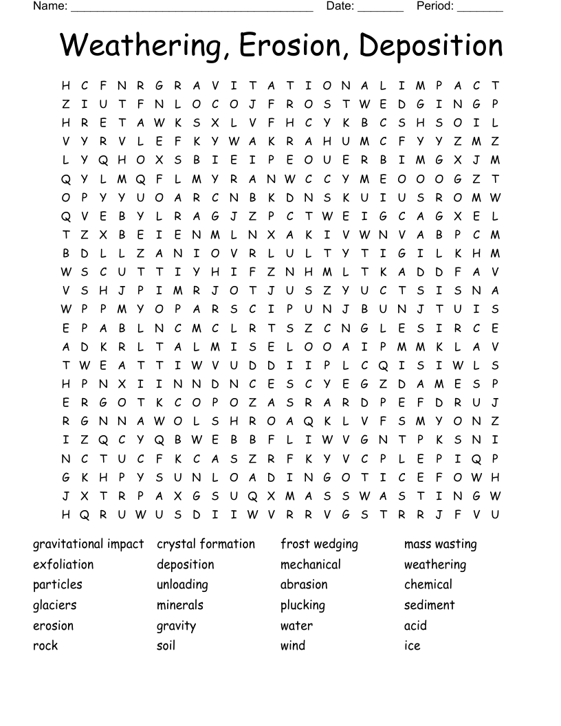 Weathering, Erosion, Deposition Word Search