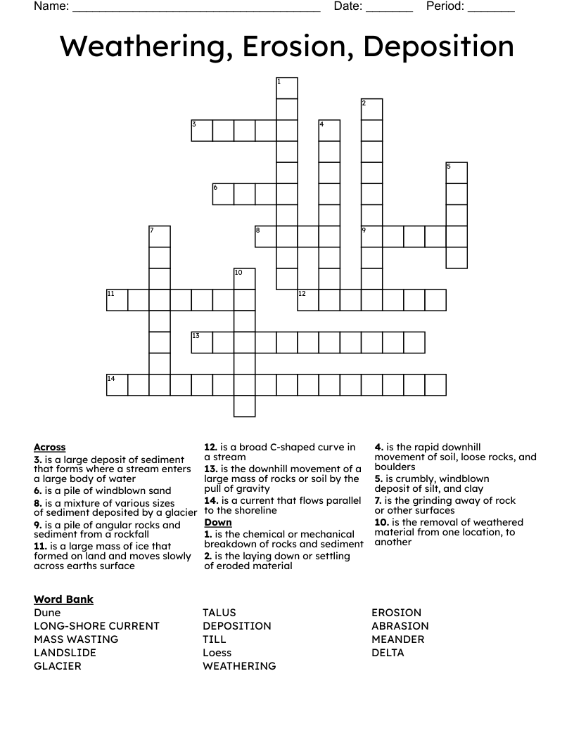 Weathering, Erosion, Deposition Crossword
