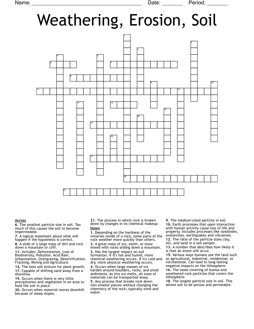 Weathering, Erosion, Soil Crossword