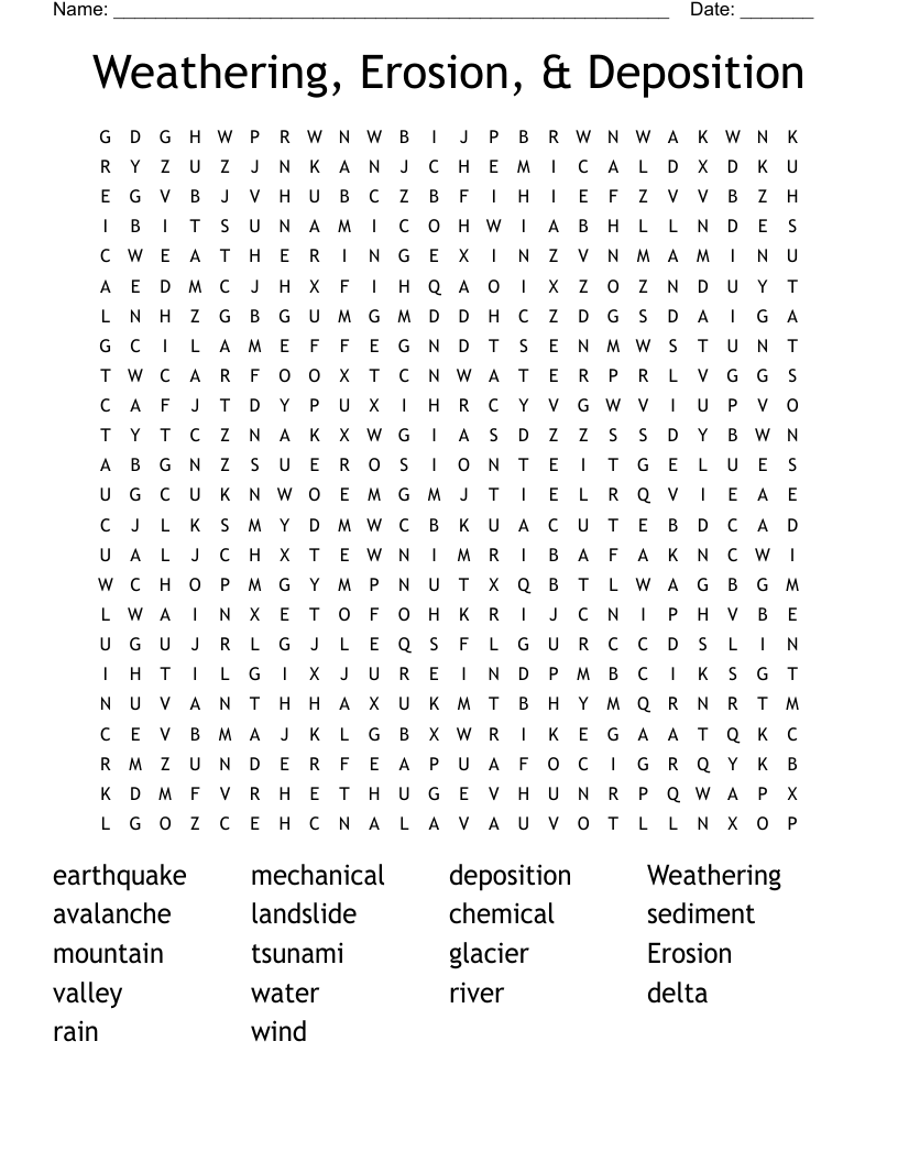 Weathering, Erosion, & Deposition Word Search