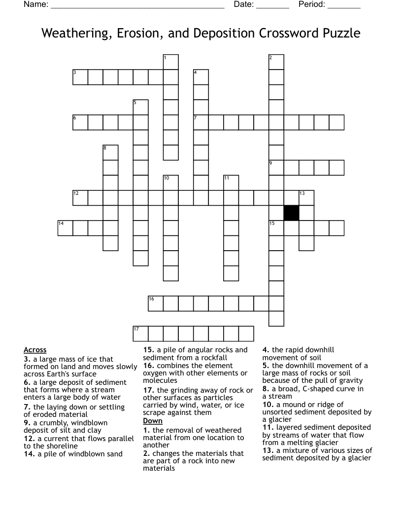 Weathering, Erosion, and Deposition Crossword Puzzle