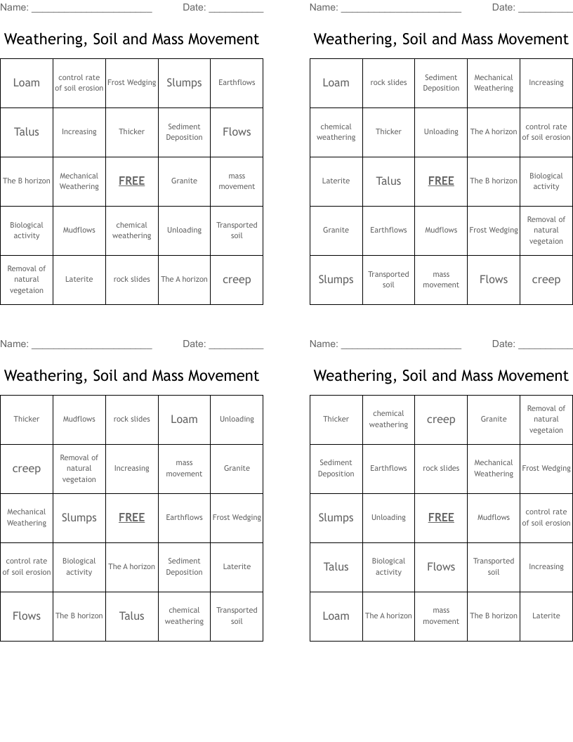 Weathering, Soil and Mass Movement  Bingo Cards