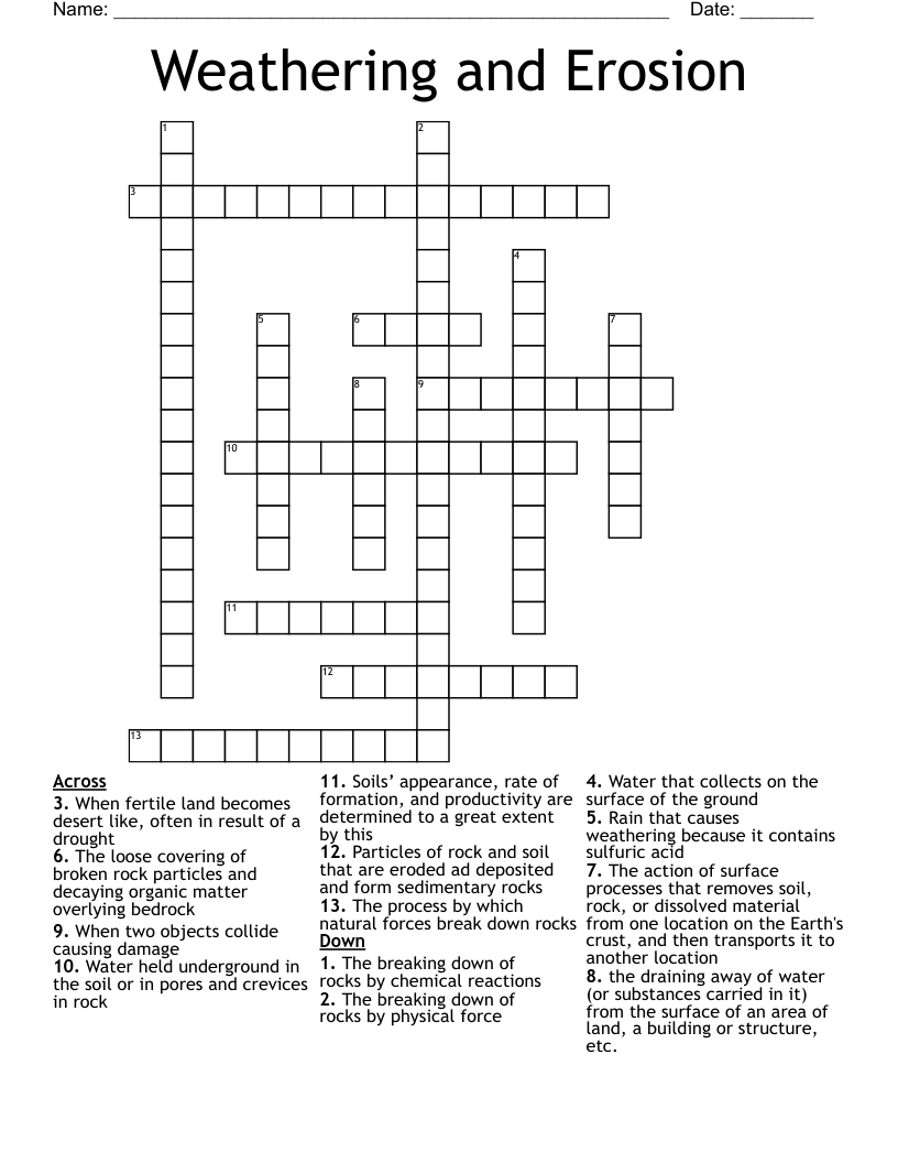Weathering and Erosion Crossword