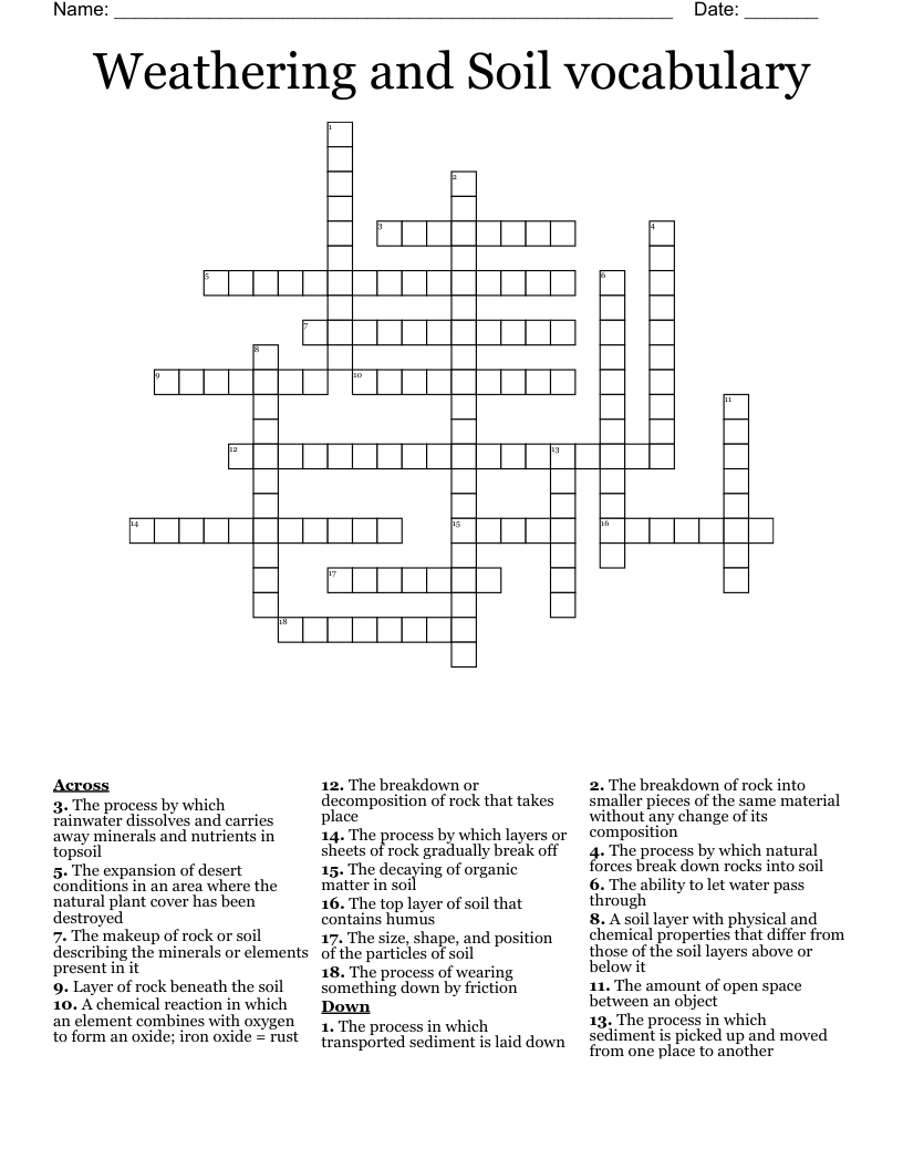 Weathering and Soil vocabulary Crossword