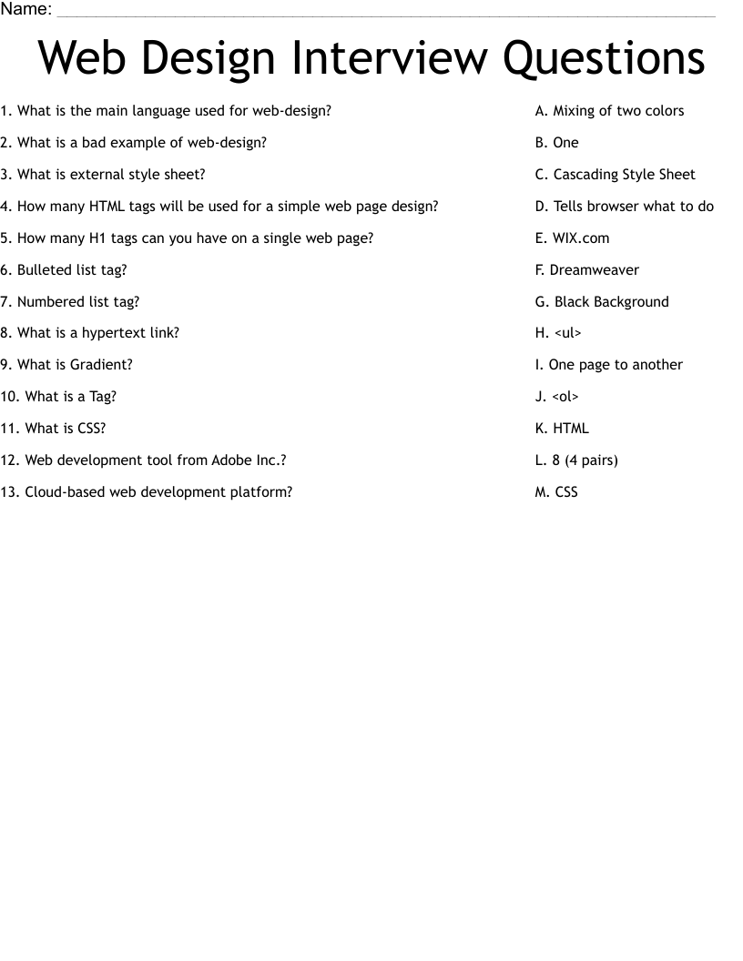 Web Design Interview Questions Worksheet