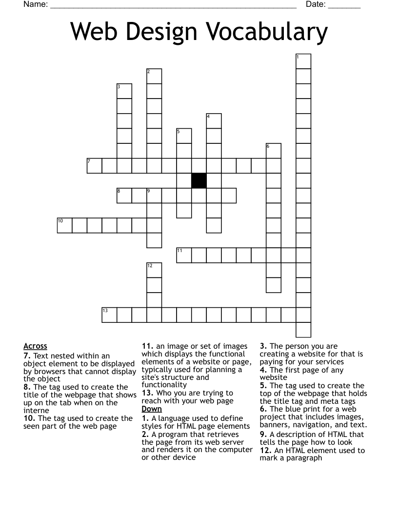 Web Design Vocabulary Crossword