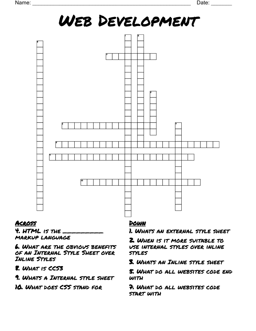 Web Development Crossword
