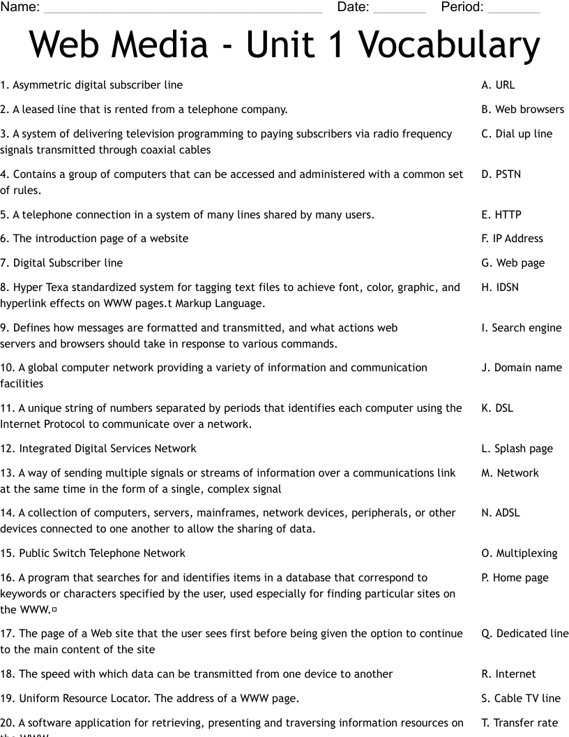 Web Media - Unit 1 Vocabulary Worksheet