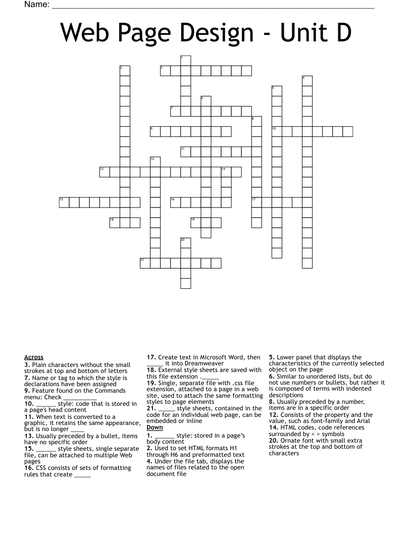 Web Page Design - Unit D  Crossword