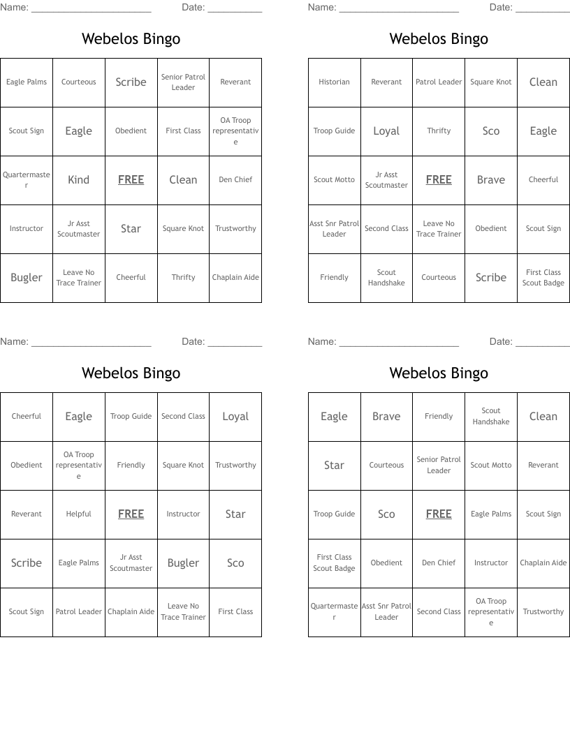 Webelos Bingo