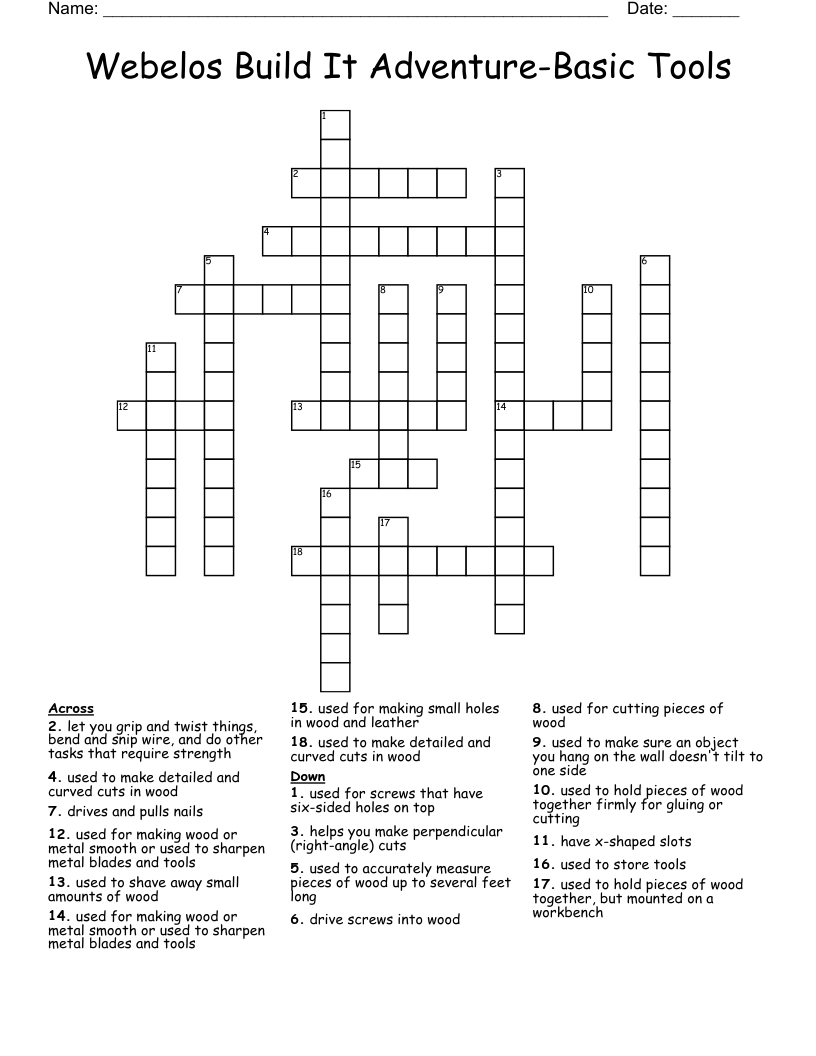 Webelos Build It Adventure-Basic Tools Crossword