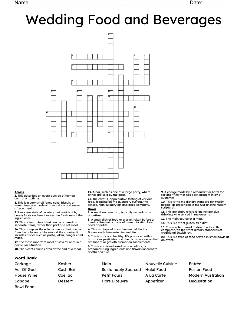 Wedding Food and Beverages Crossword