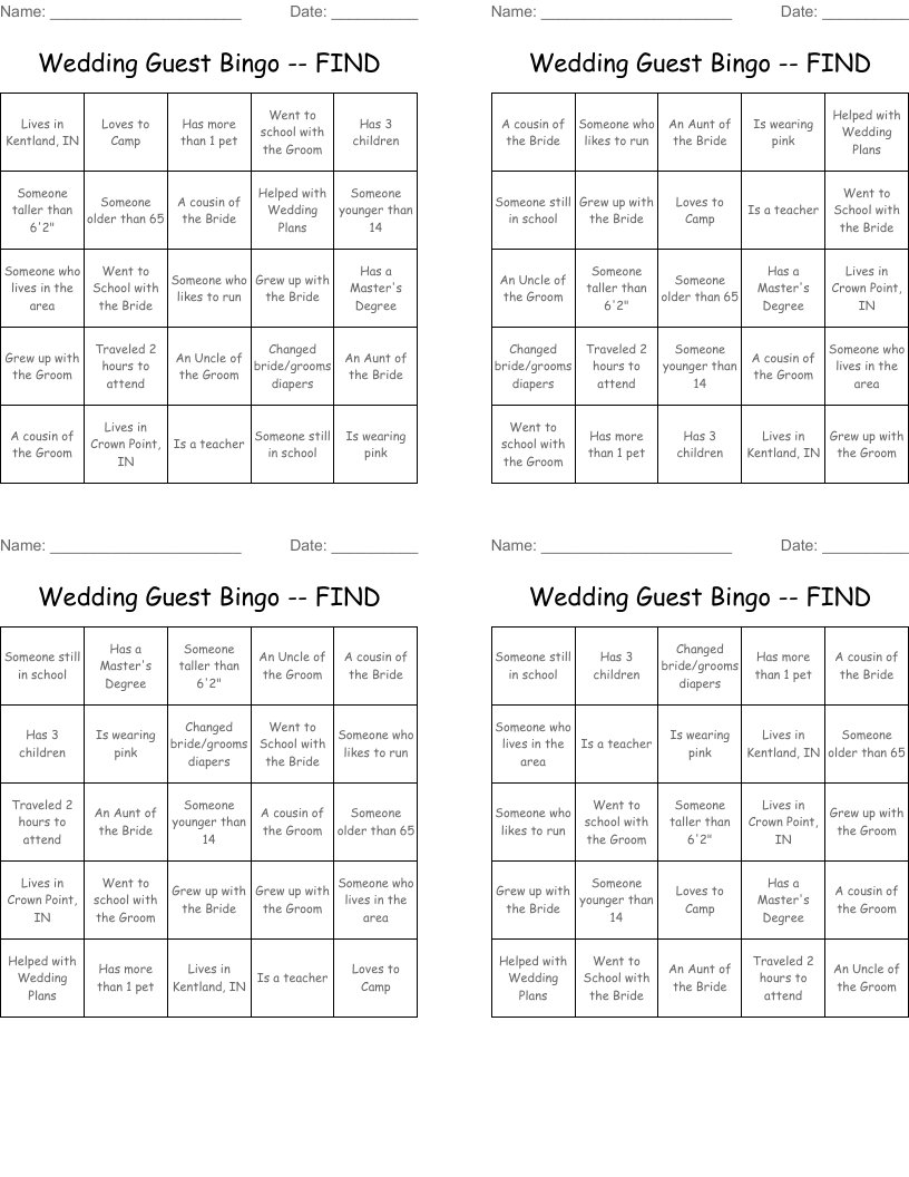 Wedding Guest Bingo -- FIND