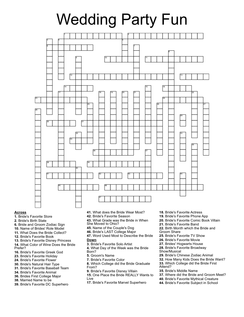 Wedding Party Fun Crossword