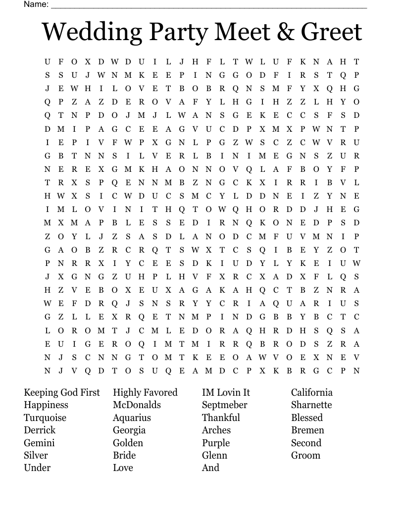 Wedding Party Meet & Greet Word Search