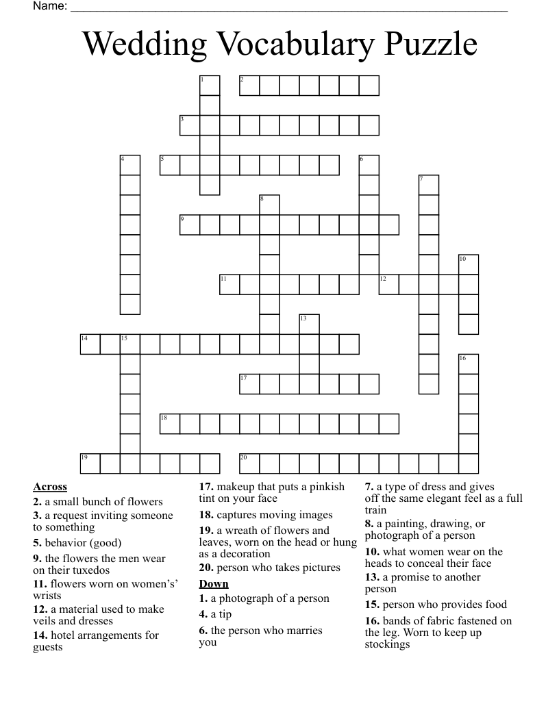 Wedding Vocabulary Puzzle Crossword