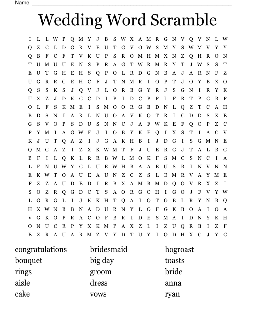 Wedding Word Scramble Word Search