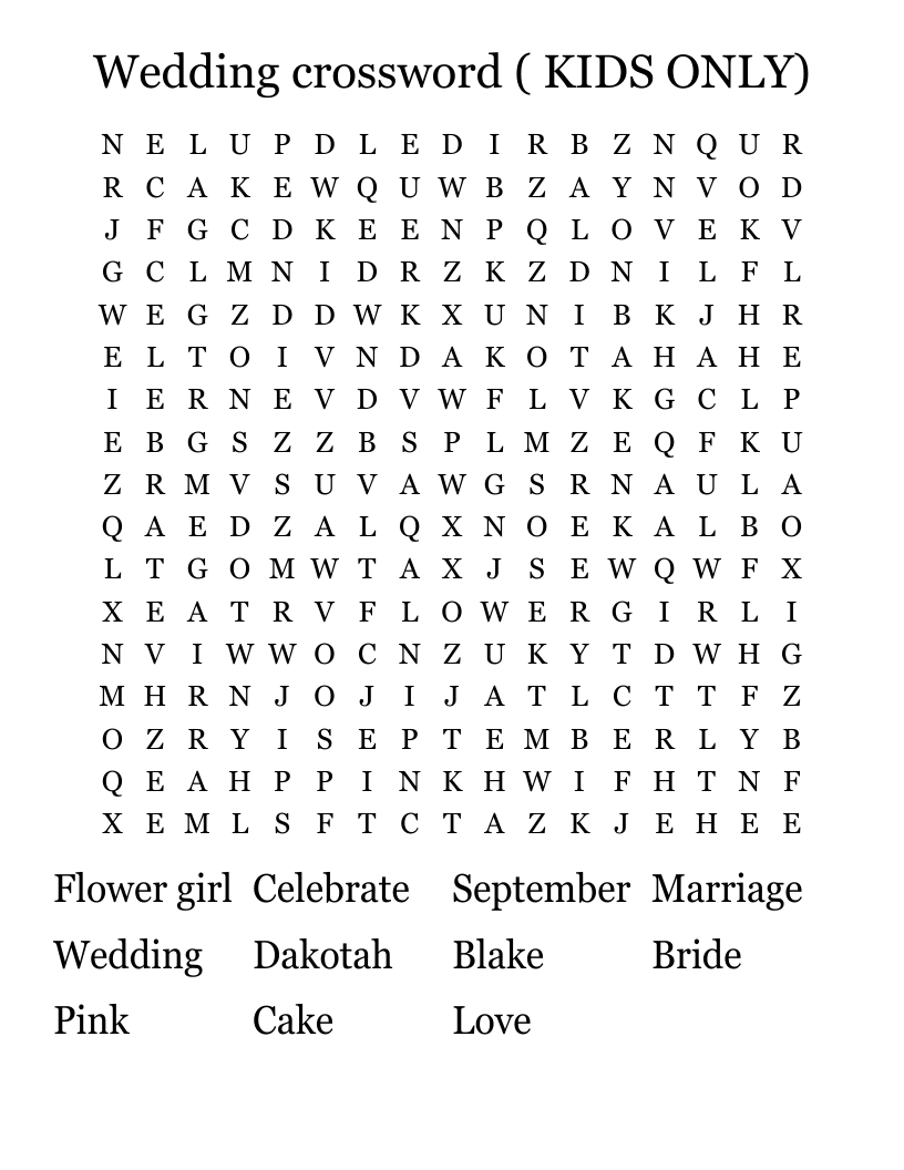 Wedding crossword ( KIDS ONLY) Word Search