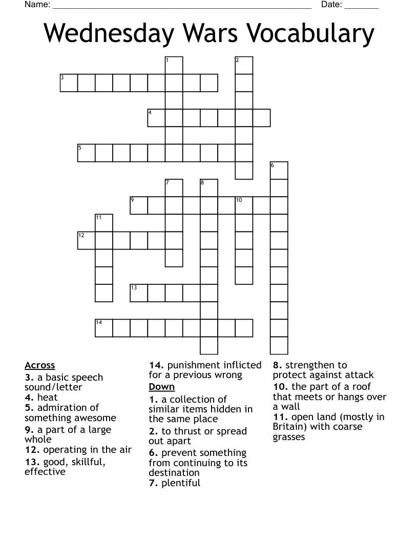Wednesday Wars Vocabulary Crossword