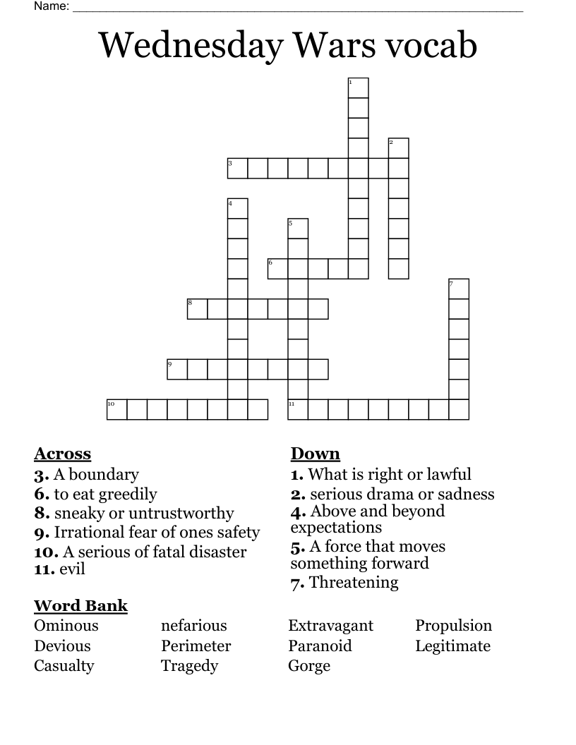 Wednesday Wars vocab Crossword