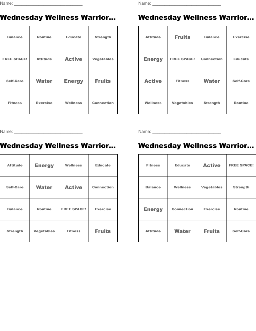 Wednesday Wellness Warriors BINGO!