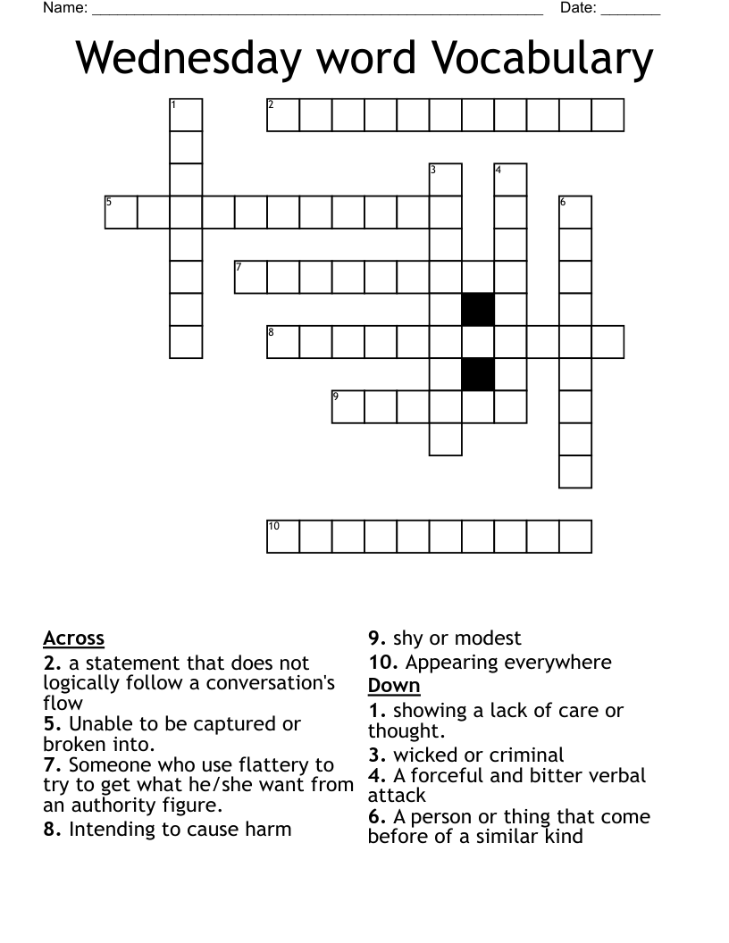 Wednesday word Vocabulary Crossword