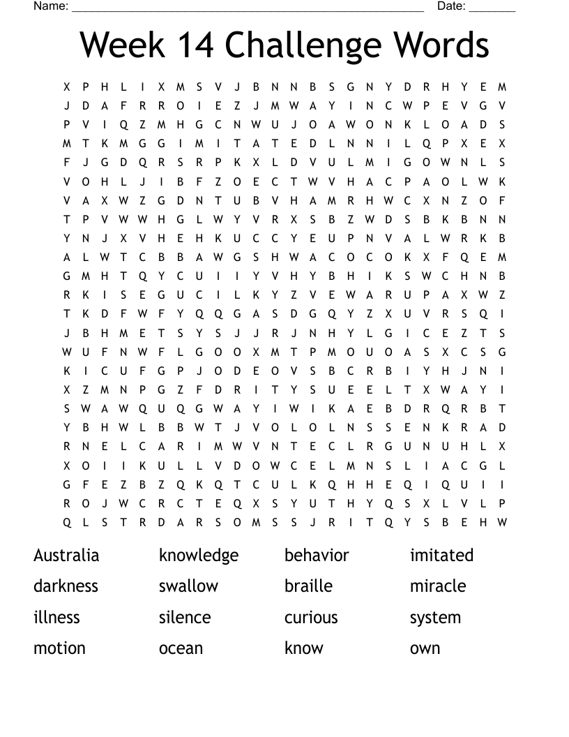 Week 14 Challenge Words Word Search