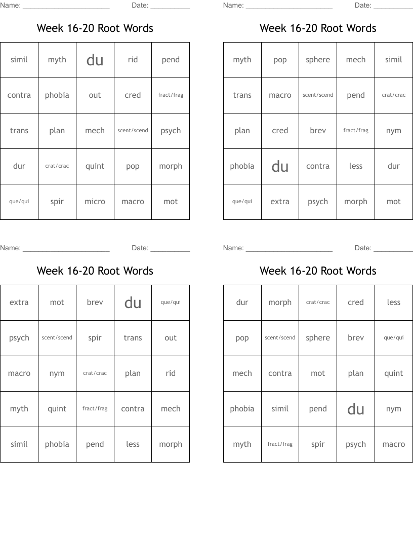 Week 16-20 Root Words Bingo Cards