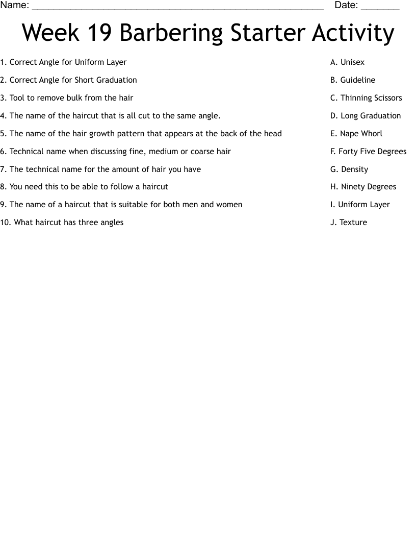 Week 19 Barbering Starter Activity Worksheet