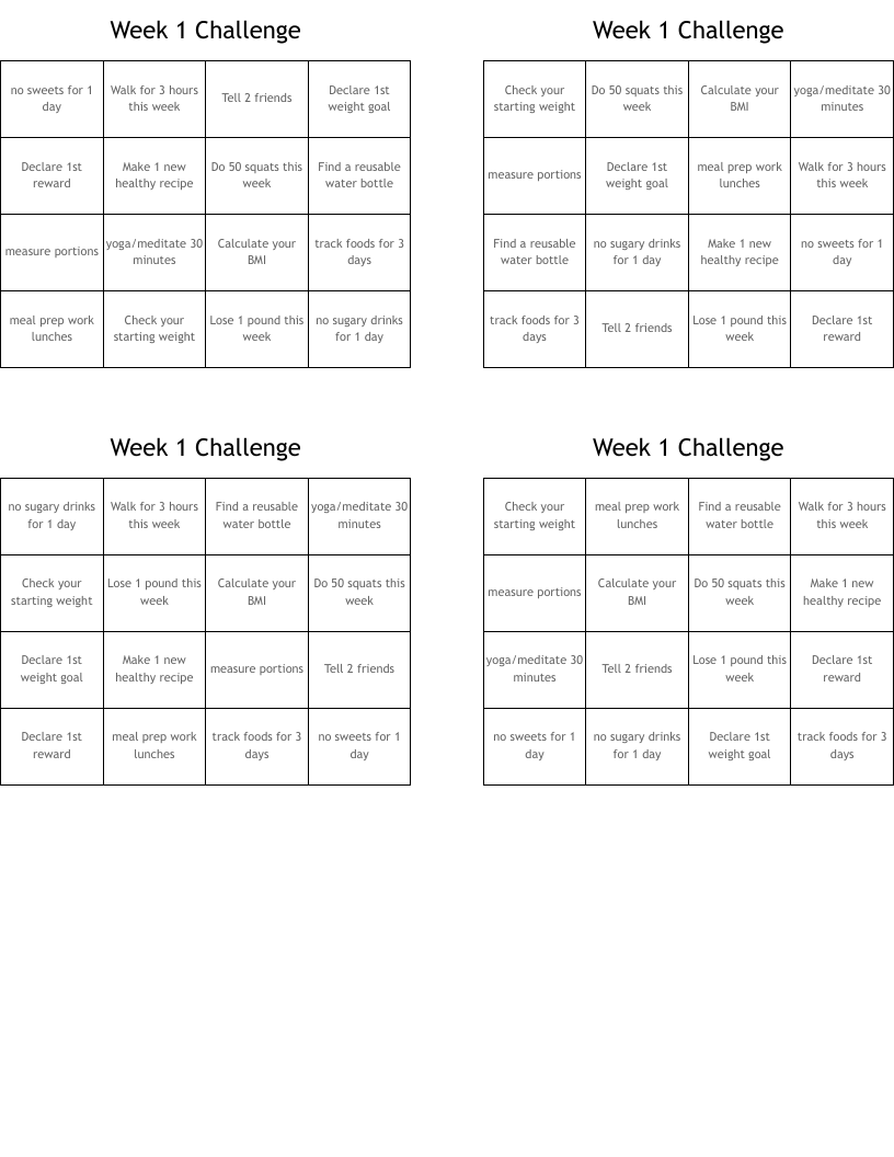 Week 1 Challenge Bingo Cards