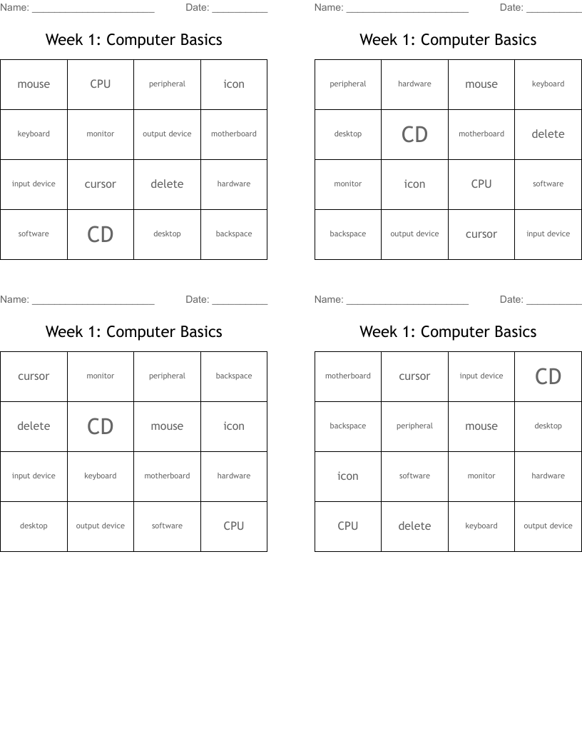 Week 1: Computer Basics Bingo Cards