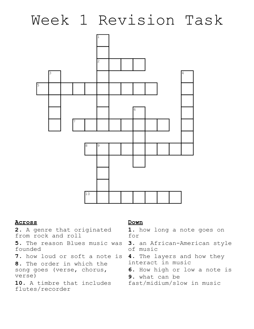 Week 1 Revision Task Crossword