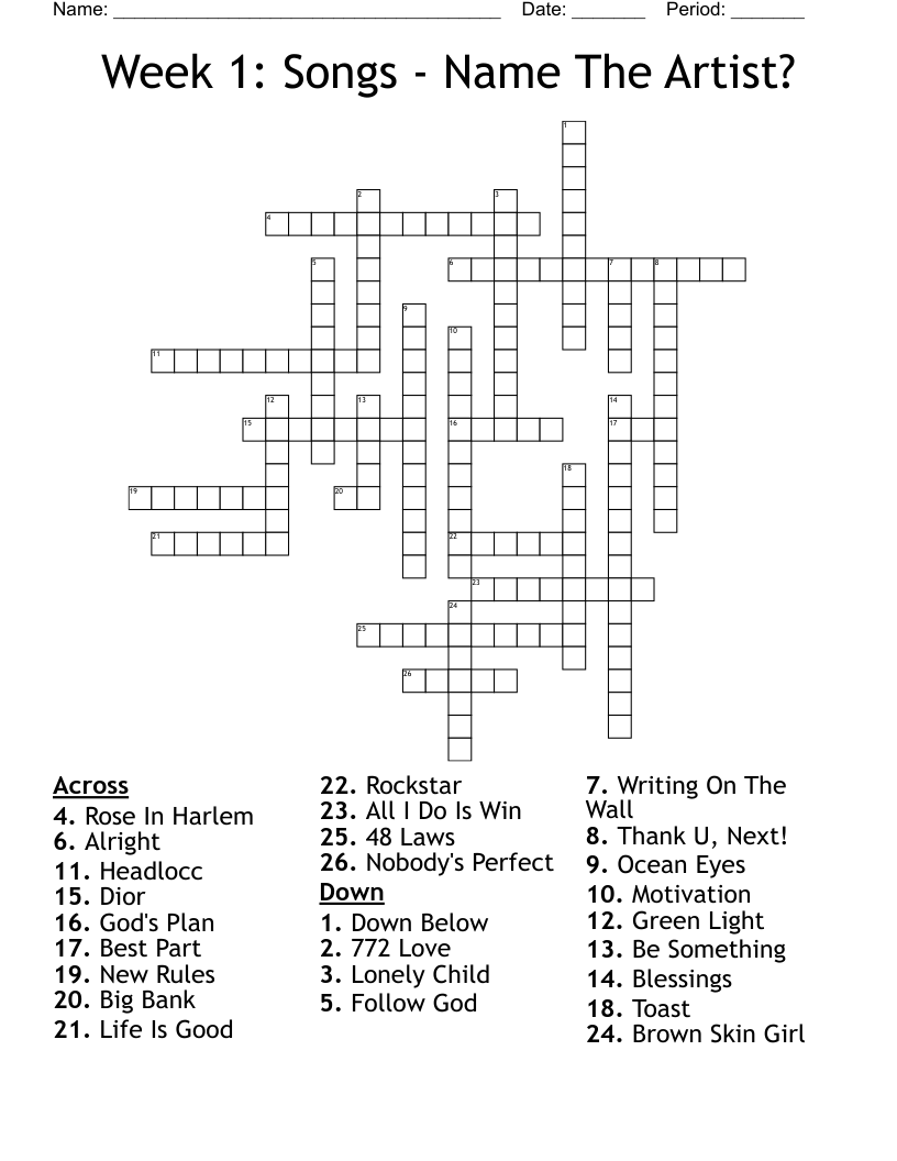 Week 1: Songs - Name The Artist?  Crossword