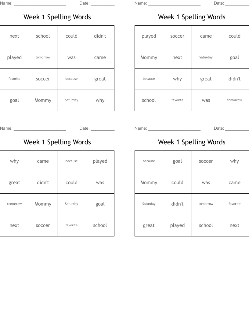 Week 1 Spelling Words Bingo Cards