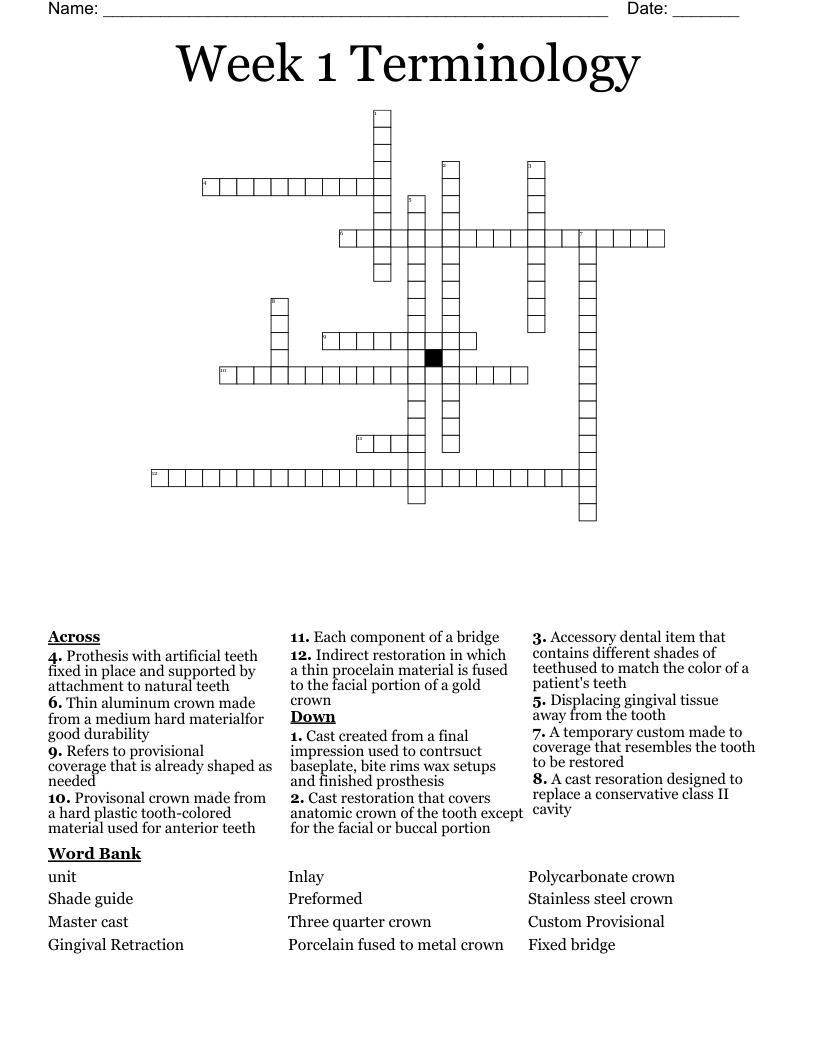 Week 1 Terminology Crossword
